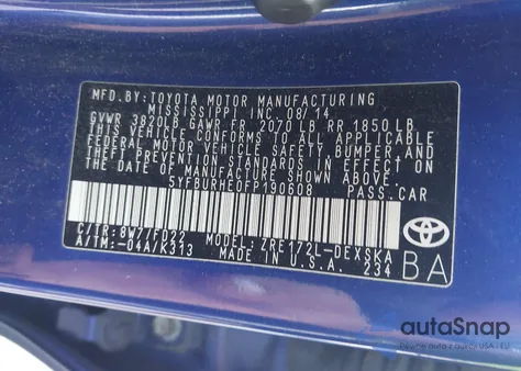 2015 Toyota Corolla S Plus from USA, damaged, VIN 5YFBURHE0FP190608